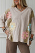Mixed Daisy Applique Exposed Seam Oversized V Neck Top
